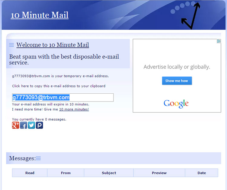 10 Minute Mail generates a temporary email address.