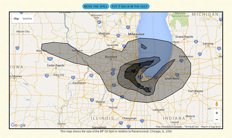 A size comparison of the BP Oil spill in comparison to the Chicago area.