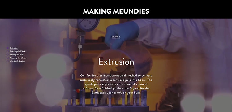 Me Undies' factory page features full-width videos to explain their production process.